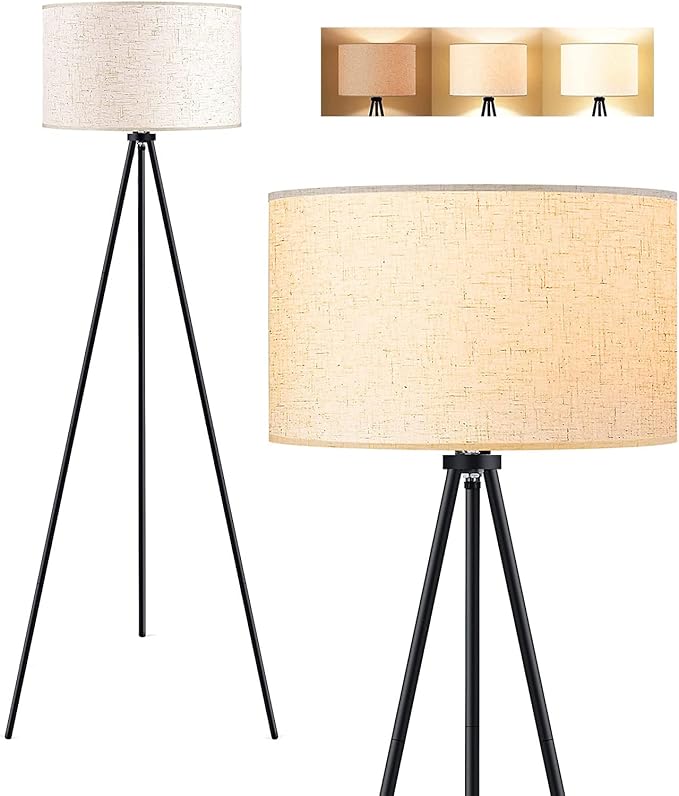 Floor Lamp for Living Room, Tripod Floor Lamp, 15W LED Bulb, 3 Levels Dimmable Brightness, Linen Lamp Shade, Mid Century Standing Lamp for Living Room, Bedroom, Study Room and Office - LeafyLoom