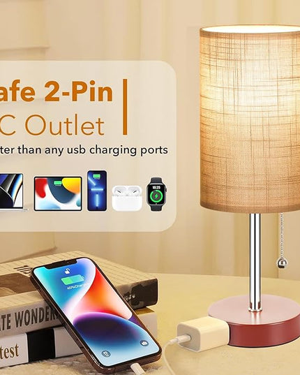 Bedside Lamp Set of 2 Table Lamps for Bedroom, 2700K/4000K/5000K Nightstand Lamp with Pull Chain and AC Outlet, Brown Table Lamp for Living Room Reading Kids Room(6W LED Bulbs Included). - LeafyLoom