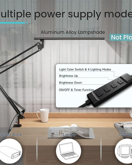 LED Desk Lamp, Desk Light for Home Office, Architect Light, Eye-Caring Optical Lens,Table Lamp, 5 Color Modes & Brightness, Clamp Lamp with Memory Function for Drafting Reading Study, Black - LeafyLoom
