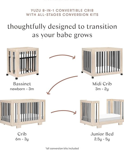 Babyletto Yuzu Convertible All-Stages Bassinet, Midi, Full-Size Crib in Washed Natural with Black, Greenguard Gold Certified, Portable & Adjustable with Conversion Kits and Pads Included - LeafyLoom