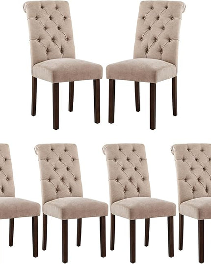 COLAMY Button Tufted Dining Chairs Set of 6, Parsons Upholstered Fabric Dining Room Chairs Kitchen Chairs with Wood Legs and Padded Seat, Taupe - LeafyLoom