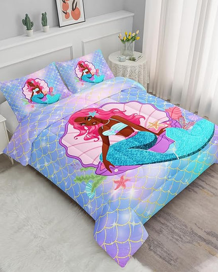 Datura home Bedding Comforter Set Black Girl Magic Mermaid Printed Pattern Quilt with 1 and 2 Pillowcases for Girls Bedroom All Season(Black Blue Queen) Queen 90x90inches - LeafyLoom