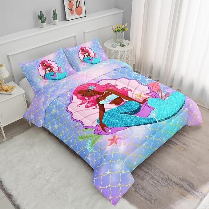 Datura home Bedding Comforter Set Black Girl Magic Mermaid Printed Pattern Quilt with 1 and 2 Pillowcases for Girls Bedroom All Season(Black Blue Queen) Queen 90x90inches - LeafyLoom
