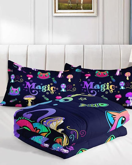 Datura home Mushroom Cat Kids Comforter Bedding Set for Boys Girls, Cartoon Mixed Color Mushroom and Cute Cat Fishbone Pattern Comforter with 2 Pillowcases(Mushroom Cat Full) - LeafyLoom