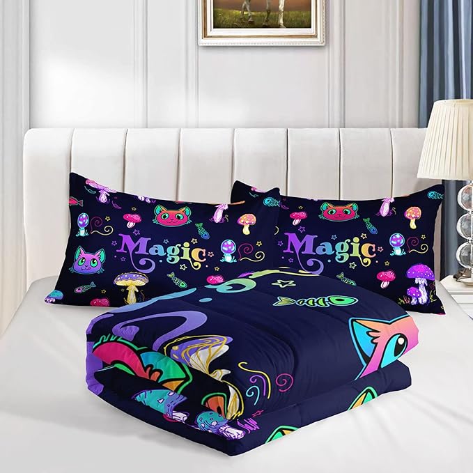 Datura home Mushroom Cat Kids Comforter Bedding Set for Boys Girls, Cartoon Mixed Color Mushroom and Cute Cat Fishbone Pattern Comforter with 2 Pillowcases(Mushroom Cat Full) - LeafyLoom