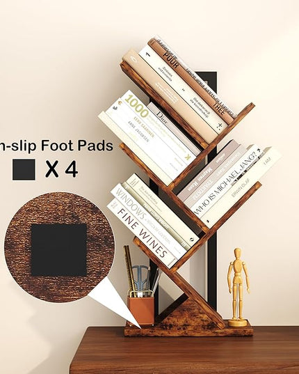 Yusong Tree Bookshelf, 5-Tier Small Bookcase with Metal Frame, Geometric Floor Standing Books Shelves Wooden Shelf for Office Desk Bedroom Tabletop Living Room Rustic Brown - LeafyLoom