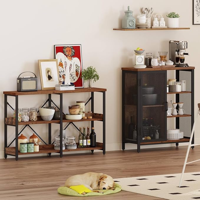 BON AUGURE Rustic Console Table with Shelves, 3 Tier Sofa Table Behind Couch for Living Room, Wood Metal Entryway Table for Hallway, Foyer, Entrance (47 Inch, Rustic Oak) - LeafyLoom