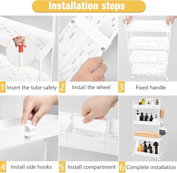 Arogan Slim Rolling Storage Cart with Wheels, 4 Tier Bathroom Storage Cart Laundry Room Organizer, Rolling Utility Cart for Kitchen, Bathroom, Laundry Room, Office, Narrow Place (White) - LeafyLoom