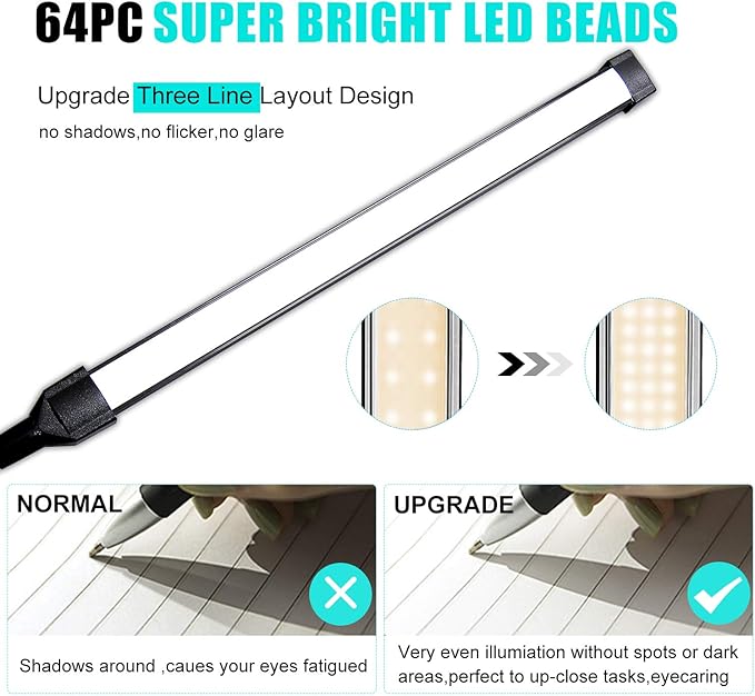 Morw Winmor Led Clip On Desk Lamp,3 Color 11 Brightness,64 LED 10W Book Reading Light,USB Plug,Stepless Dimmer Auto Off,Clamp Desk Lights for Bedside Computer Home Office - LeafyLoom