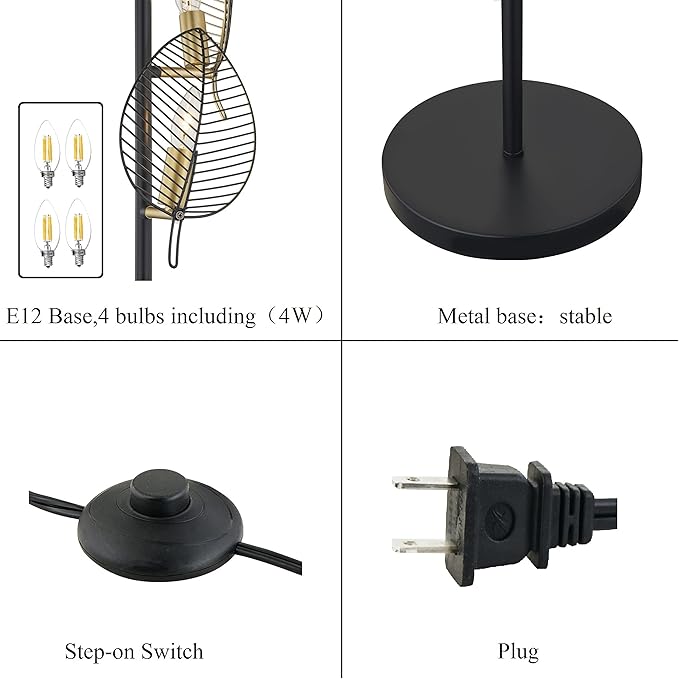 WOXXX Industrial Black Floor Lamp with 4 Brush Gold Finish Leaf Shade, Modern Tree Floor Lamps for Living Room Bedrooms Reading Standing Lamp Living Room Lamps Farmhouse Tall Lamp (4 Bulbs Included) - LeafyLoom