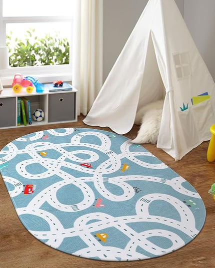 LIVEBOX Large Washable Kids Rug, 4'x6' Non-Slip Car Road Rug for Playroom, Fun Kids Room Rugs for Bedroom, Blue Road Carpet Indoor Kids Play Mat for Toy Room Toddler Room Classroom - LeafyLoom