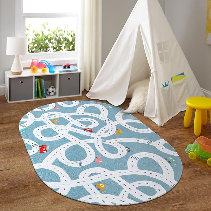 LIVEBOX Large Washable Kids Rug, 4'x6' Non-Slip Car Road Rug for Playroom, Fun Kids Room Rugs for Bedroom, Blue Road Carpet Indoor Kids Play Mat for Toy Room Toddler Room Classroom - LeafyLoom