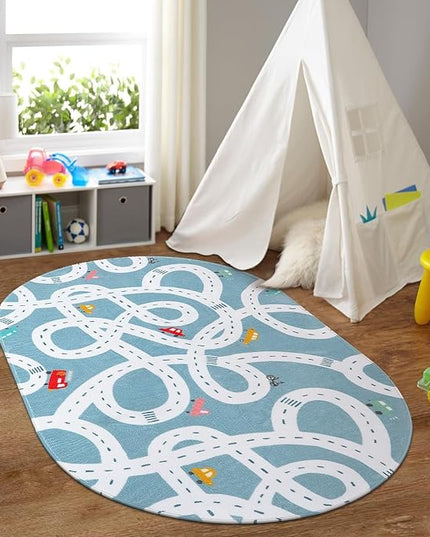 Large Kids Playroom Rug, 4'x6' Washable Road Rug for Nursery, Non-Slip Fun Area Rug for Kids Room, Blue Car Rug Play Mat Soft Baby Carpet for Boys Girls Dorm Toy Room Tent - LeafyLoom