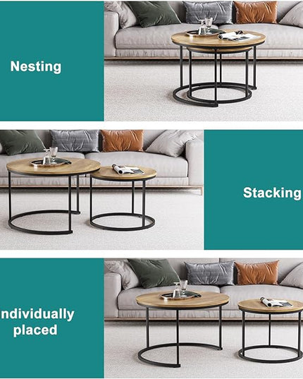 Nesting Coffee Table Set of 2, 27.6" Round Coffee Table Wood Grain Top with Adjustable Non-Slip Feet, Industrial End Table Side Tables for Living Room Bedroom Balcony Yard - LeafyLoom