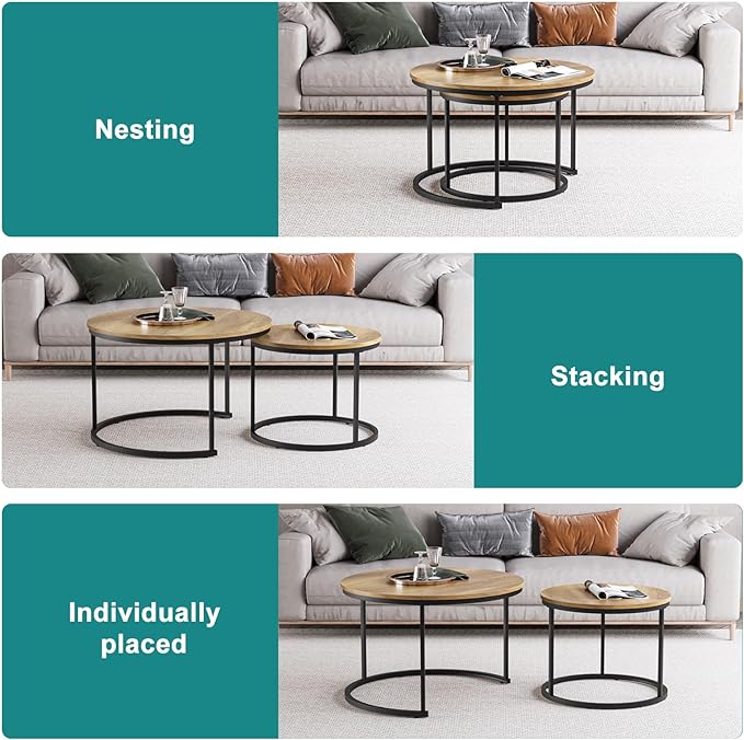 Nesting Coffee Table Set of 2, 27.6" Round Coffee Table Wood Grain Top with Adjustable Non-Slip Feet, Industrial End Table Side Tables for Living Room Bedroom Balcony Yard - LeafyLoom