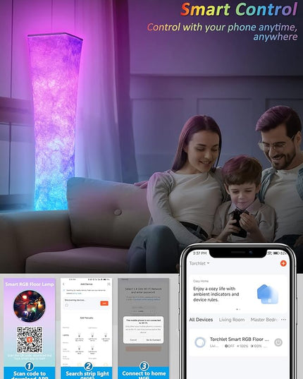 Torchlet RGB Led Smart Lamp Alexa APP Control, Color Changing Modern Floor Standing Lamp with DIY Mode, Music Sync and White Fabric Shade for Living Room Bedroom Game Room - LeafyLoom