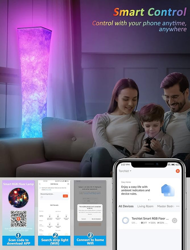 Torchlet RGB Led Smart Lamp Alexa APP Control, Color Changing Modern Floor Standing Lamp with DIY Mode, Music Sync and White Fabric Shade for Living Room Bedroom Game Room - LeafyLoom