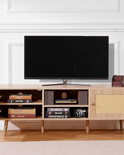 VEVOR Rattan TV Stand, Mid Century Modern TV Stand for 65 inch TV, Boho Rattan TV Cabinet with Build-in Socket and USB Ports, Adjustable Shelfs for Living Room, Media Room, Oak - LeafyLoom