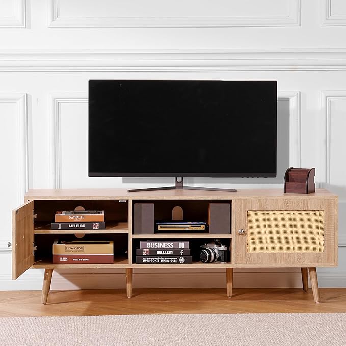 VEVOR Rattan TV Stand, Mid Century Modern TV Stand for 65 inch TV, Boho Rattan TV Cabinet with Build-in Socket and USB Ports, Adjustable Shelfs for Living Room, Media Room, Oak - LeafyLoom