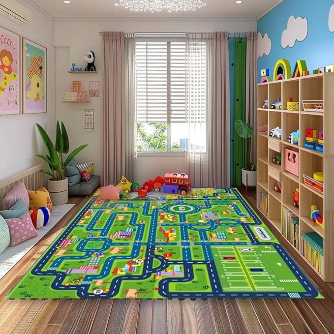 Car Rug Play Mat,Road Rug Kid Play Mat,Playroom Toy Car Mat, Kids Carpet City Map for Bedroom Classroom,Extra Large Thick (59X39.4 Inch) - LeafyLoom
