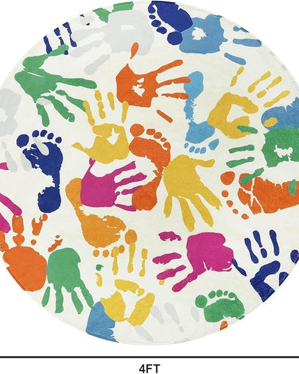 Colorful Round Rug for Kids Bedroom, 4'x4' Handprints and Footprints Circle Rug for Playroom, Rainbow Washable Rug for Nursery, Small Circular Carpet for Classroom Dorm Daycare - LeafyLoom