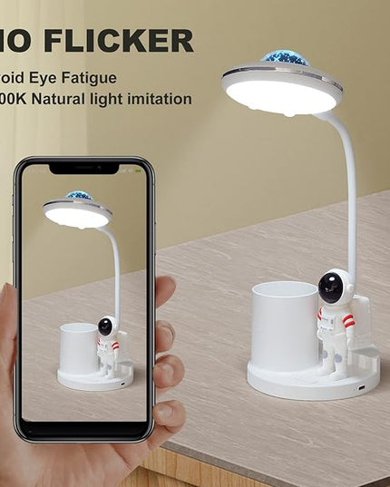 LED Desk Lamp for Kids, Astronaut cute Small Desk Lamp with USB Charging Port, Pen Holder, projection night lights for kids, White desk Lamp, Eye-Caring Study Table Lamp for boys Bedroom - LeafyLoom