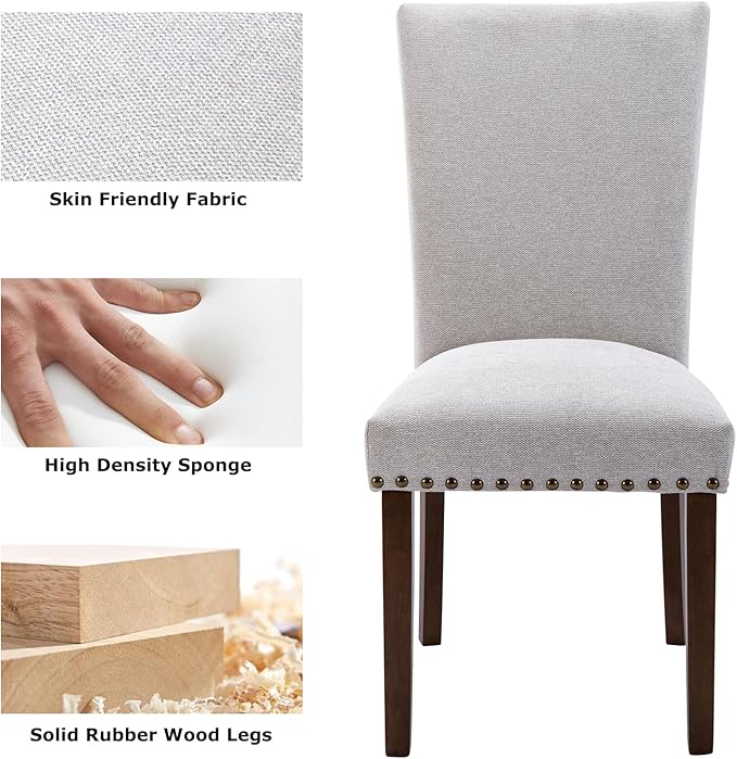 COLAMY Upholstered Parsons Dining Chairs Set of 6, Fabric Dining Room Kitchen Side Chair with Nailhead Trim and Wood Legs - Light Grey - LeafyLoom