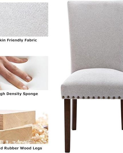 COLAMY Upholstered Parsons Dining Chairs Set of 2, Fabric Dining Room Kitchen Side Chair with Nailhead Trim and Wood Legs - Light Grey - LeafyLoom
