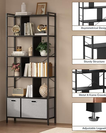 armocity 74 Inch Tall Bookshelf, 6 Tier Bookcase with Drawers, Modern Book Shelf Display Standing Shelf Units with Storage, Wood and Metal Bookshelves for Living Room, Bedroom, Home Office, Black - LeafyLoom