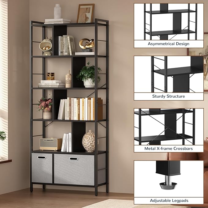 armocity 74 Inch Tall Bookshelf, 6 Tier Bookcase with Drawers, Modern Book Shelf Display Standing Shelf Units with Storage, Wood and Metal Bookshelves for Living Room, Bedroom, Home Office, Black - LeafyLoom