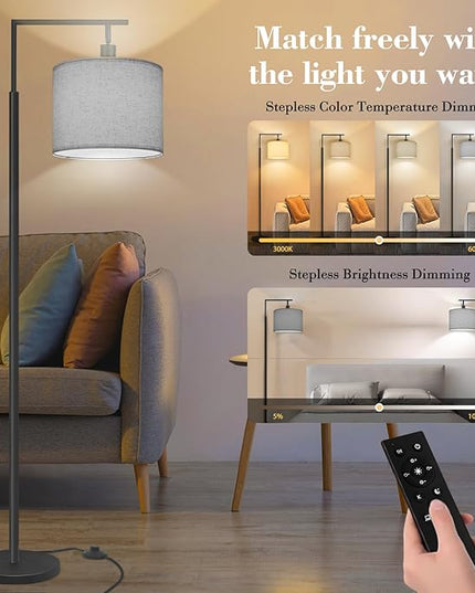 PESRAE Floor Lamp for Living Room, LED Floor Lamp with Remote Control, 4 Color Temperature LED Bulb Included, Modern Standing lamp with Linen Lampshade for Bedroom,Grey… - LeafyLoom