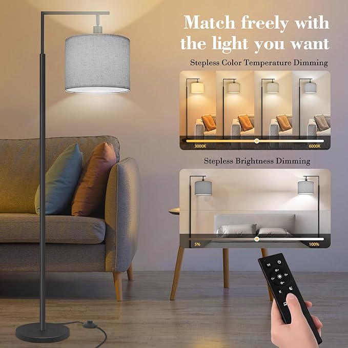 PESRAE Floor Lamp for Living Room, LED Floor Lamp with Remote Control, 4 Color Temperature LED Bulb Included, Modern Standing lamp with Linen Lampshade for Bedroom,Grey… - LeafyLoom