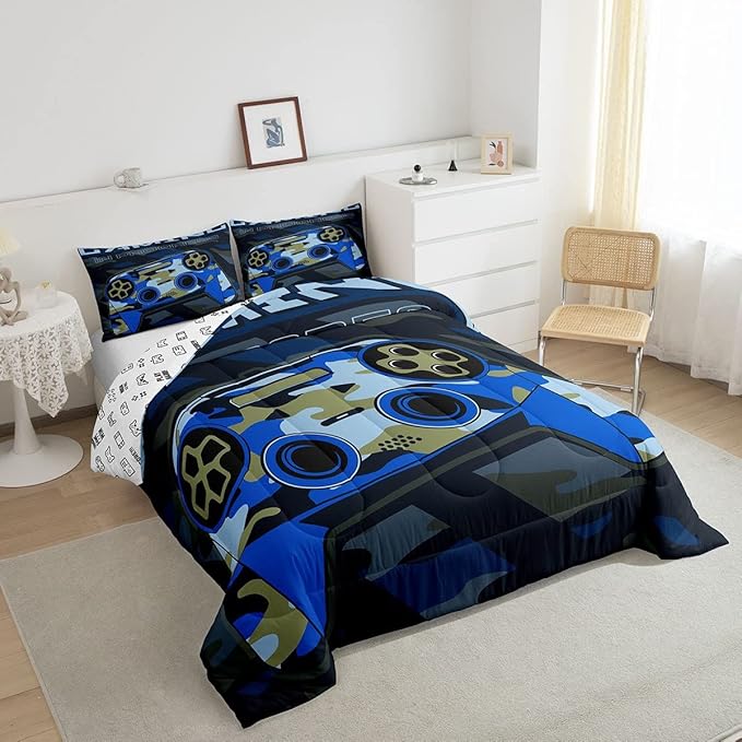 Boys Gamepad Comforter Set Full Size Teens Gamer Bedding Set Retro Blue Camouflage Video Game Controller Comforter for Kids Youth Bedroom Decor Gamer Console Action Buttons Duvet Set Microfiber - LeafyLoom