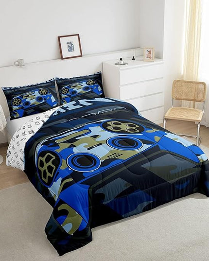 Feelyou Boys Gaming Comforter Set King Size Teens Gamer Bedding Set Retro Blue Camouflage Video Game Controller Comforter for Kids Decor Gamer Console Action Buttons Duvet Set Microfiber Boys - LeafyLoom