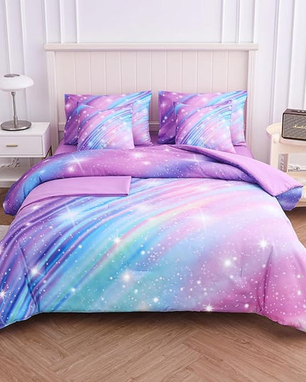 Twin Comforter Set for Girls Galaxy Bedding 7pieces, Ombre Bedding Comforter Sets Rainbow Comforter, Glitter Bedding Twin Teen Comforter Sets for Girls (Twill Rainbow) - LeafyLoom