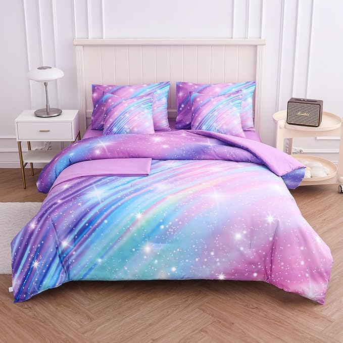 Twin Comforter Set for Girls Galaxy Bedding 7pieces, Ombre Bedding Comforter Sets Rainbow Comforter, Glitter Bedding Twin Teen Comforter Sets for Girls (Twill Rainbow) - LeafyLoom