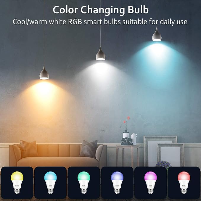 Peteme Smart WiFi Light Bulbs, Led RGB Color Changing Bulbs Compatible with Alexa, Siri,Echo, Google Home, A19 E26 60W Smart Bulbs 1 Pack Peteme
