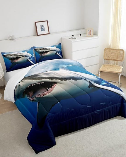Kids Comforter Set for Boys Girls,3D Shark Fish Down Comforter 2 Piece Hawaiian Beach Theme Bedding Quilted Duvet Set Ocean Sea Animal Pattern Blue Duvet Insert for Toddler Teen Bedroom Decor,Twin - LeafyLoom