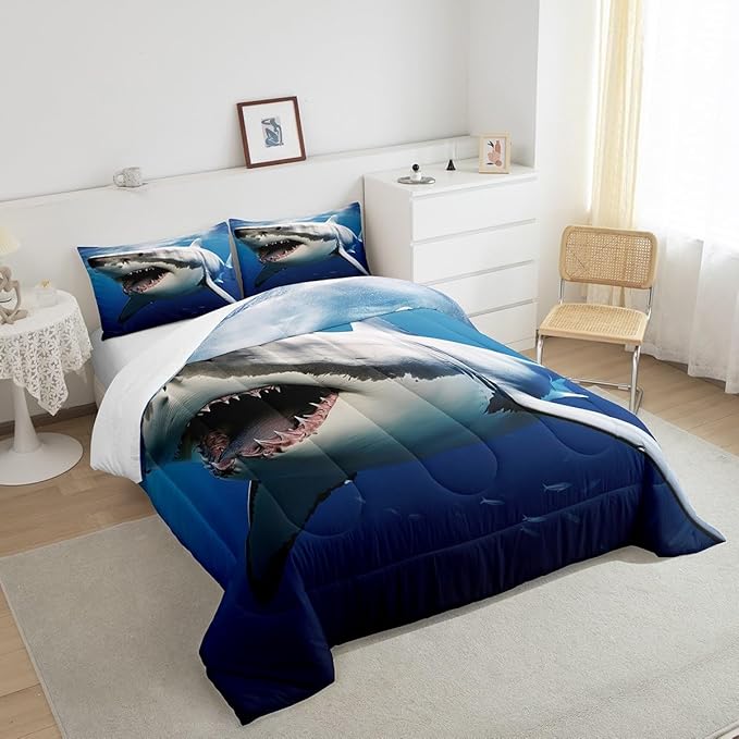 Kids Comforter Set for Boys Girls,3D Shark Fish Down Comforter 3 Piece Hawaiian Beach Theme Bedding Quilted Duvet Set Ocean Sea Animal Pattern Blue Duvet Insert for Toddler Teen Bedroom Decor,King - LeafyLoom