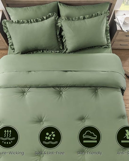 Full Bed in a Bag 7 Pieces Full Size Comforter Set, Ruffle Shabby Chic Bedding Comforter Set Green Bed Set with Comforter, Pillowcases, Flat Sheet, Fitted Sheet and Pillow Shams - LeafyLoom