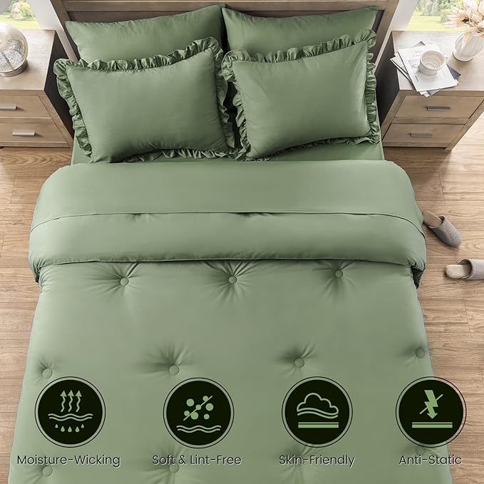 Full Bed in a Bag 7 Pieces Full Size Comforter Set, Ruffle Shabby Chic Bedding Comforter Set Green Bed Set with Comforter, Pillowcases, Flat Sheet, Fitted Sheet and Pillow Shams - LeafyLoom