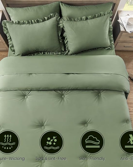 Queen Bed in a Bag 7 Pieces Comforter Set Queen, Ruffle Shabby Chic Bedding Comforter Set Green Bed Set with Comforter, Pillowcases, Flat Sheet, Fitted Sheet and Pillow Shams - LeafyLoom