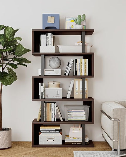 Bookshelf geometric bookcase S Shaped industrial bookshelf Storage Display Stand Shelf for Living Room Bedroom and office Room (Black, 5 Tier) - LeafyLoom