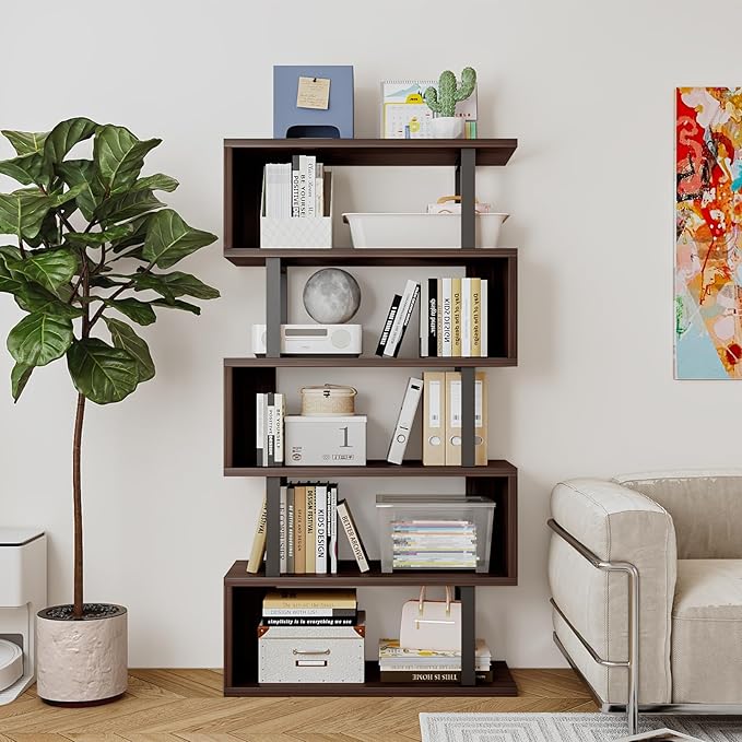 Bookshelf geometric bookcase S Shaped industrial bookshelf Storage Display Stand Shelf for Living Room Bedroom and office Room (Black, 5 Tier) - LeafyLoom
