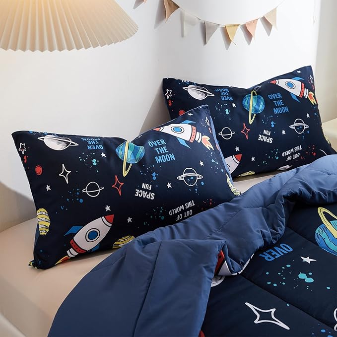 beeweed 2 Piece Kid Comforter Set Twin Size, Space Rocket Bedding Set for Teen Boys Girls - LeafyLoom