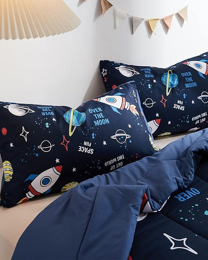 beeweed 3 Piece Kid Comforter Set Queen Size, Space Rocket Bedding Set for Teen Boys Girls - LeafyLoom