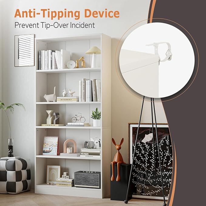 5-Tier Bookshelf, Wood Display Storage Shelves 67.3" Tall Bookcase Open Bookshelf for Home Office, Living Room and Bedroom,White - LeafyLoom