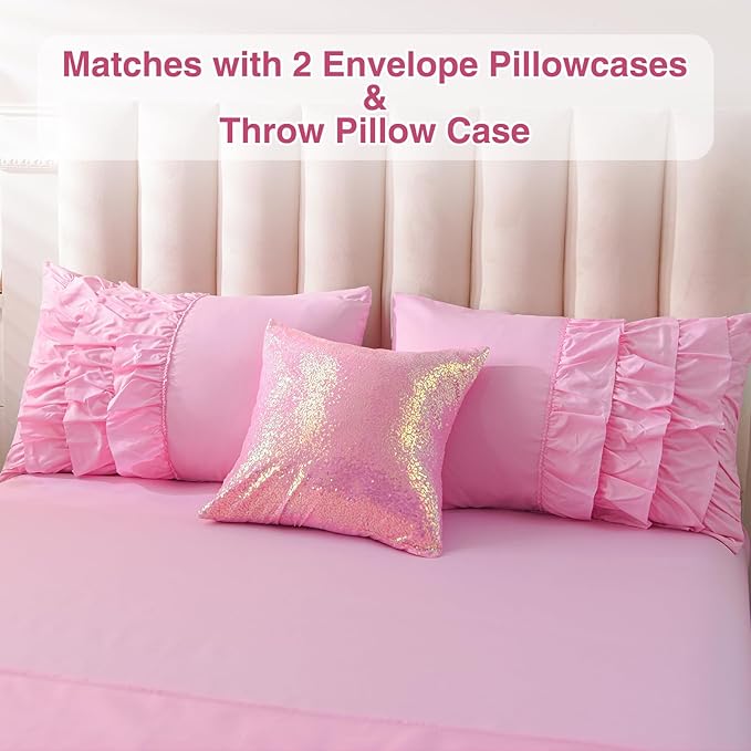 A Nice Night Waterfall Flutter Ruffle Comforter Set,Ruffled Textured Soft Chic Princess 6pcs Bedding Set,with Bling Shiny Sequin Throw Pillow Case,DarkPink,Full - LeafyLoom