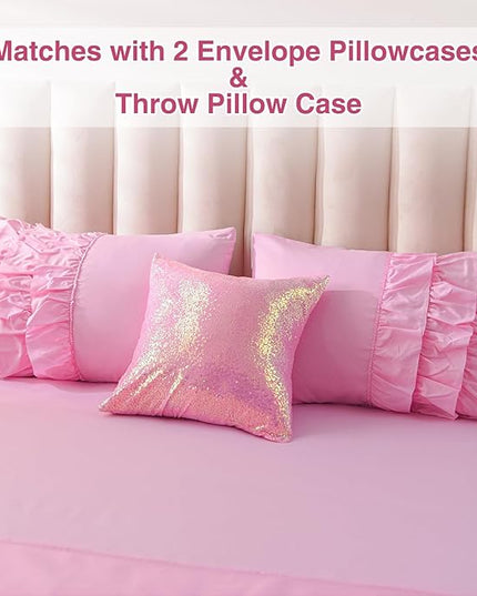 A Nice Night Waterfall Flutter Ruffle Comforter Set,Ruffled Textured Soft Chic Princess 6pcs Bedding Set,with Bling Shiny Sequin Throw Pillow Case,DarkPink,Twin - LeafyLoom