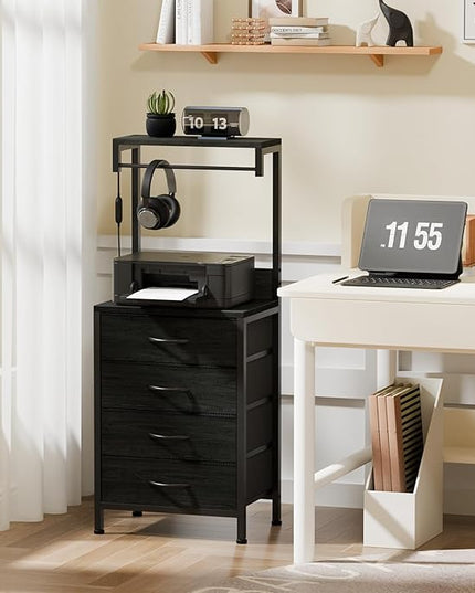 Furnulem Tall Nightstands Set of 2, Night Stand with 4 Drawers and shelves, Tall Bedside Table with USB Port Charging and LED Lights, Side Table for Bedroom, Office, Dorm (Black Oak) - LeafyLoom